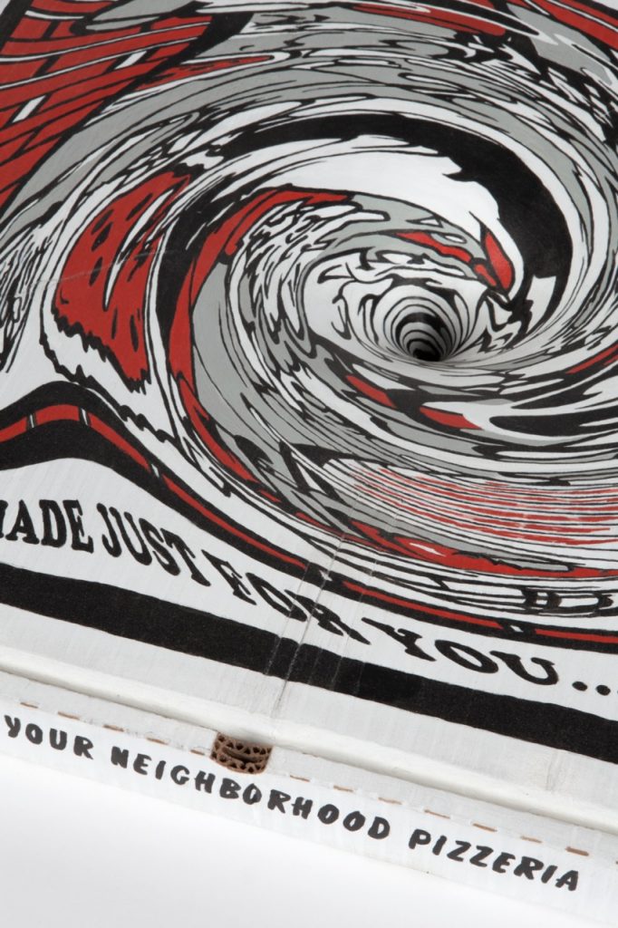 Matt Johnson, Black Hole Pizza Box, 2018, detail Polychromed wood, 5 x 26 x 25.25 inches Courtesy of the artist, 303 Gallery, and Blum Gallery ©