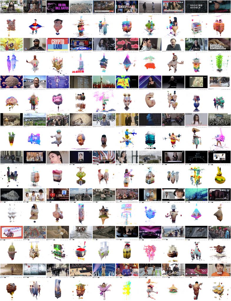 Full list of AI-generated 3D models and their seeding information/source media. © Ziyang Wu & Mark Ramos, courtesy the artists.