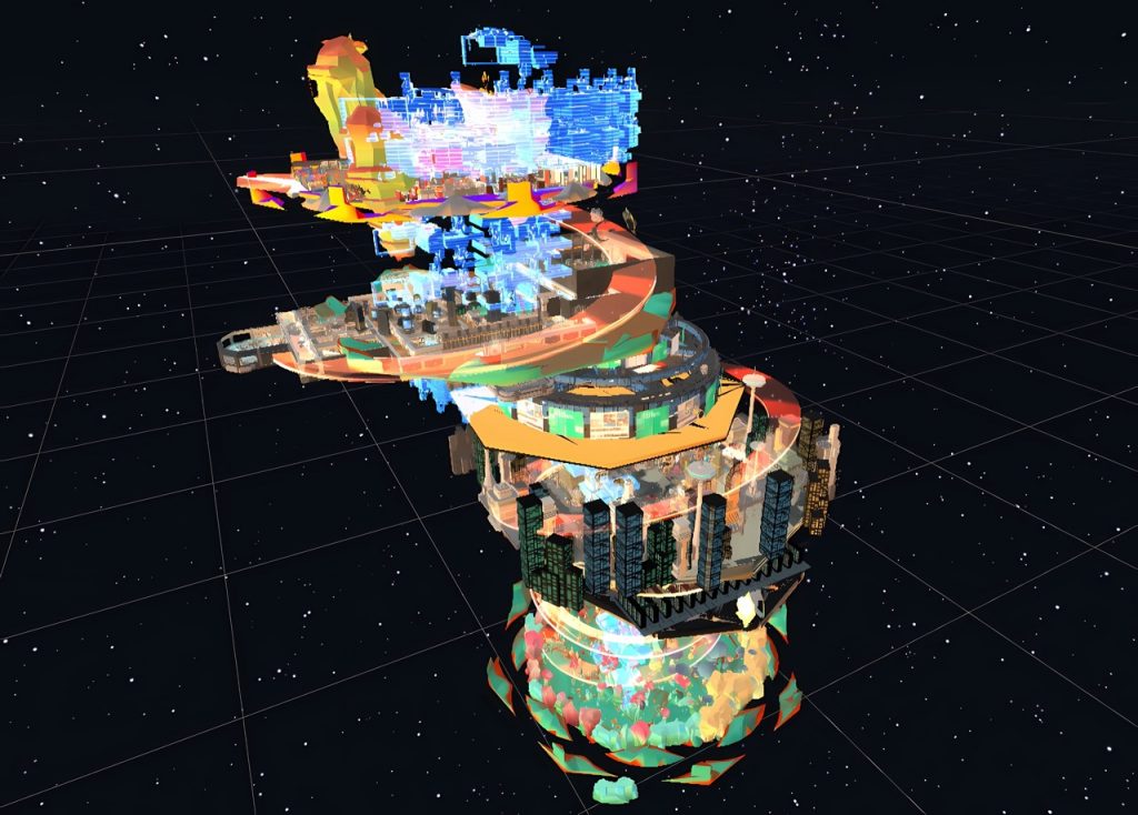 Wu Ziyang & Mark Ramos, screenshot of the “Stack” structure in “Future Forecast”, 2022. Live simulation and collective world-building online environment, 2022. Commissioned by Guangdong Times Museum, Media Lab.